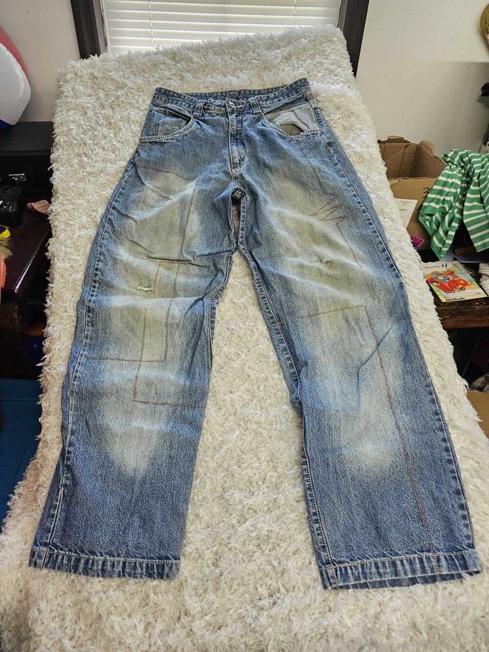 VTG 90s Wide Leg Skater Jeans Acid Wash Distressed Patchwork Baggy Punk 30x32